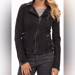 Free People Strap & Buckle Black Denim Moto Jacket